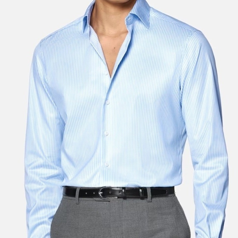 Suit Supply Traveller Shirt Mens 45 17 3/4 Blue White Micro Stripe Slim Fit